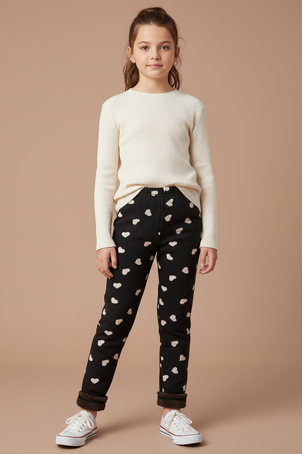 Pantalon Noir Coeurs Blancs Fille Doux Confortable - Molleton