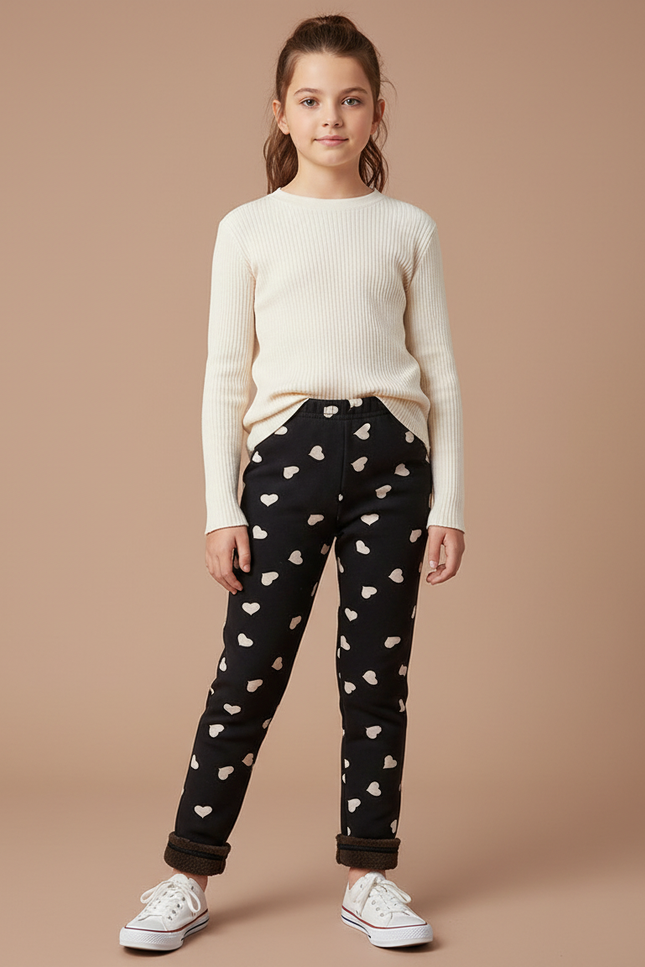 Pantalon Noir Coeurs Blancs Fille Doux Confortable - Molleton