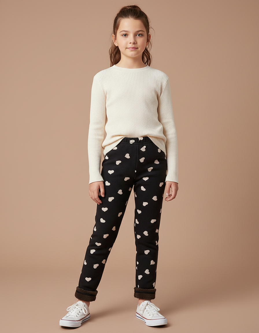 Pantalon Noir Coeurs Blancs Fille Doux Confortable - Molleton