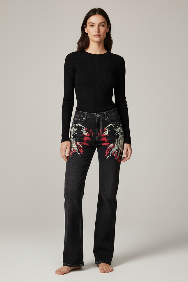 Pantalon Noir Jeans Ample Brodé Aigle Femme