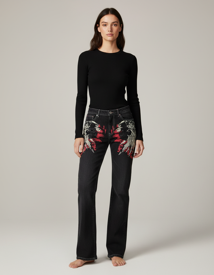 Pantalon Noir Jeans Ample Brodé Aigle Femme