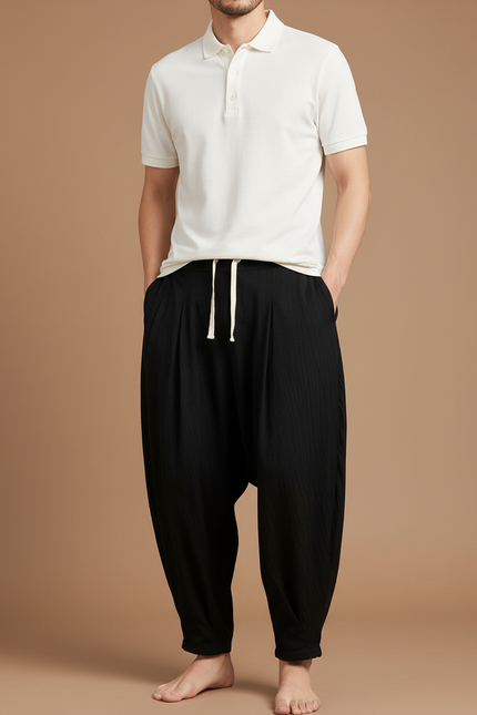 Pantalon Noir Ample Harem Cordon Fluide Homme - Viscose