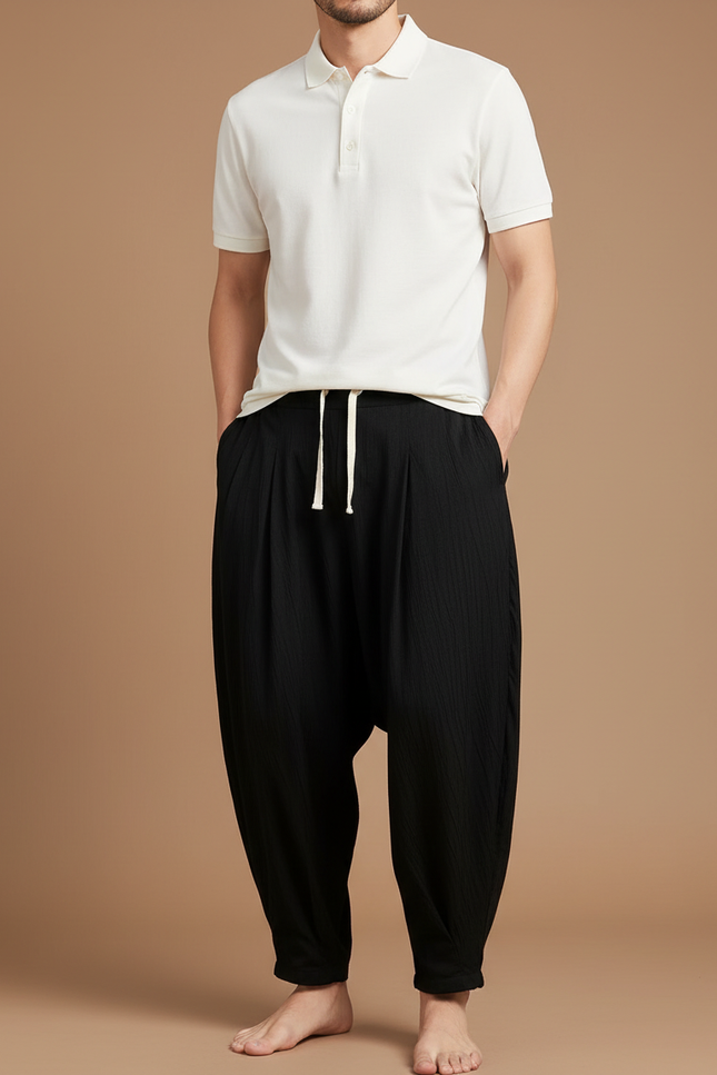 Pantalon Noir Ample Harem Cordon Fluide Homme - Viscose