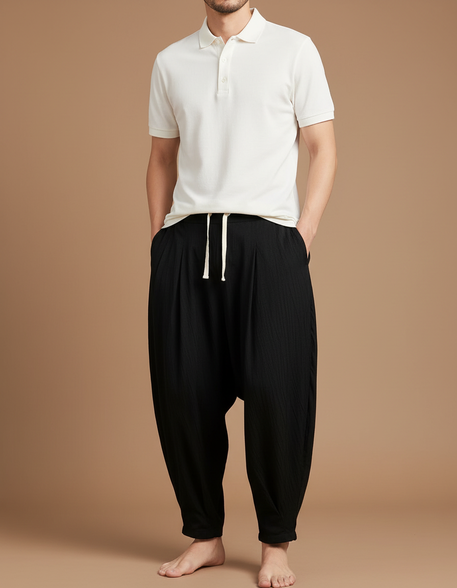 Pantalon Noir Ample Harem Cordon Fluide Homme - Viscose