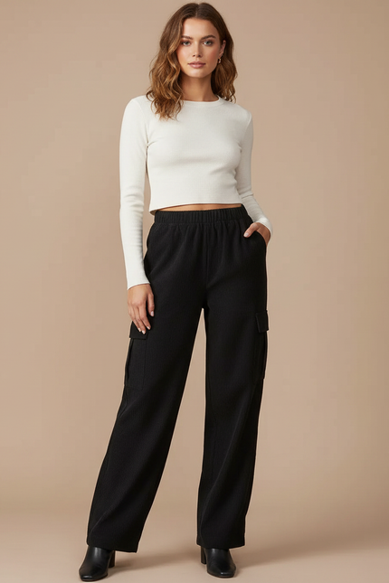 Pantalon Noir Côtelé Cargo Ample Femme - Cordé