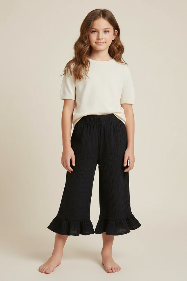 Pantalon Noir Volants Plissé Ample Fille Coton