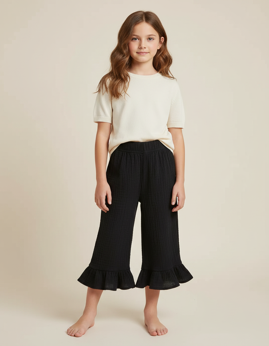 Pantalon Noir Volants Plissé Ample Fille Coton