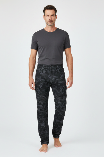 Pantalon Noir Camouflage Cargo Moto Ajusté Homme - Jean