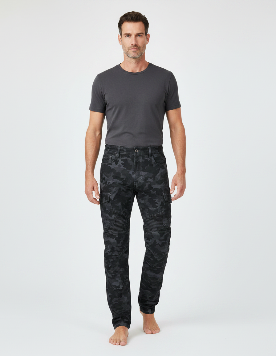 Pantalon Noir Camouflage Cargo Moto Ajusté Homme - Jean