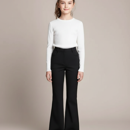 Pantalon Noir Évasé Fluide Taille Haute Fille - Polyester