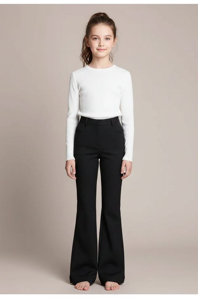 Pantalon Noir Évasé Fluide Taille Haute Fille - Polyester