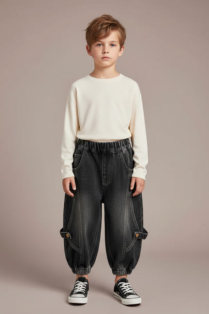 Pantalon Noir Ample Denim Garçon Décontracté Tendance - Gris Jean