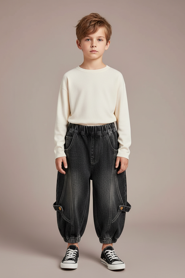 Pantalon Noir Ample Denim Garçon Décontracté Tendance - Gris Jean