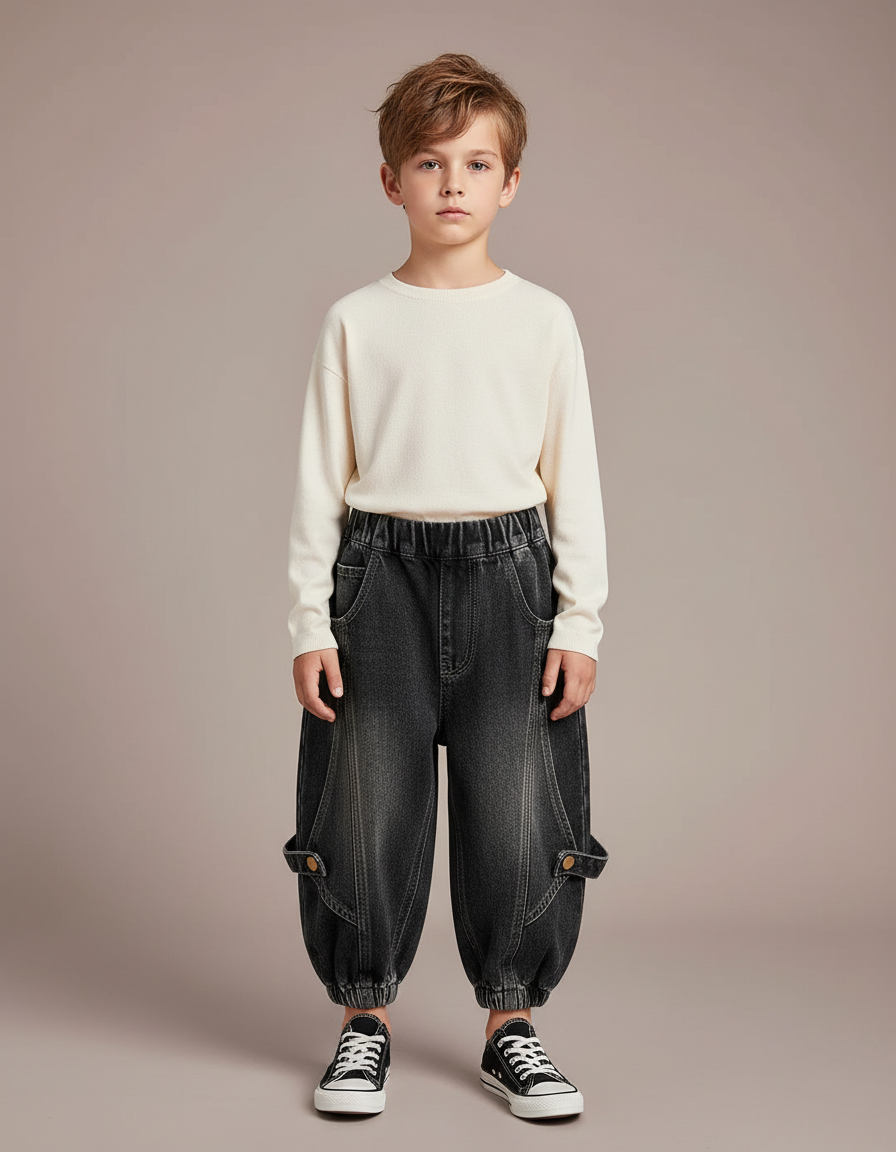 Pantalon Noir Ample Denim Garçon Décontracté Tendance - Gris Jean