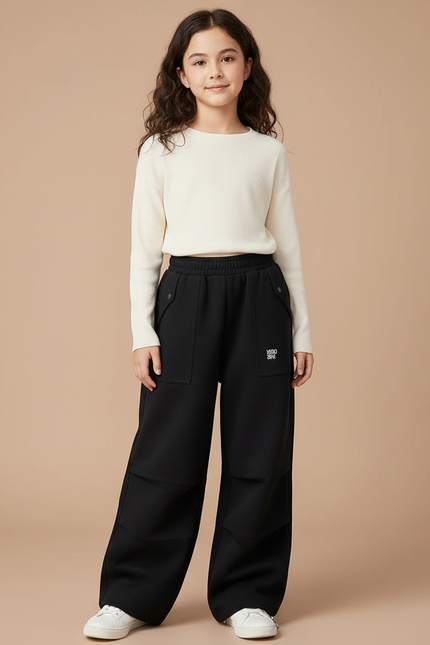 Pantalon Noir Ample Cargo Décontracté Fille Hiver - Molleton