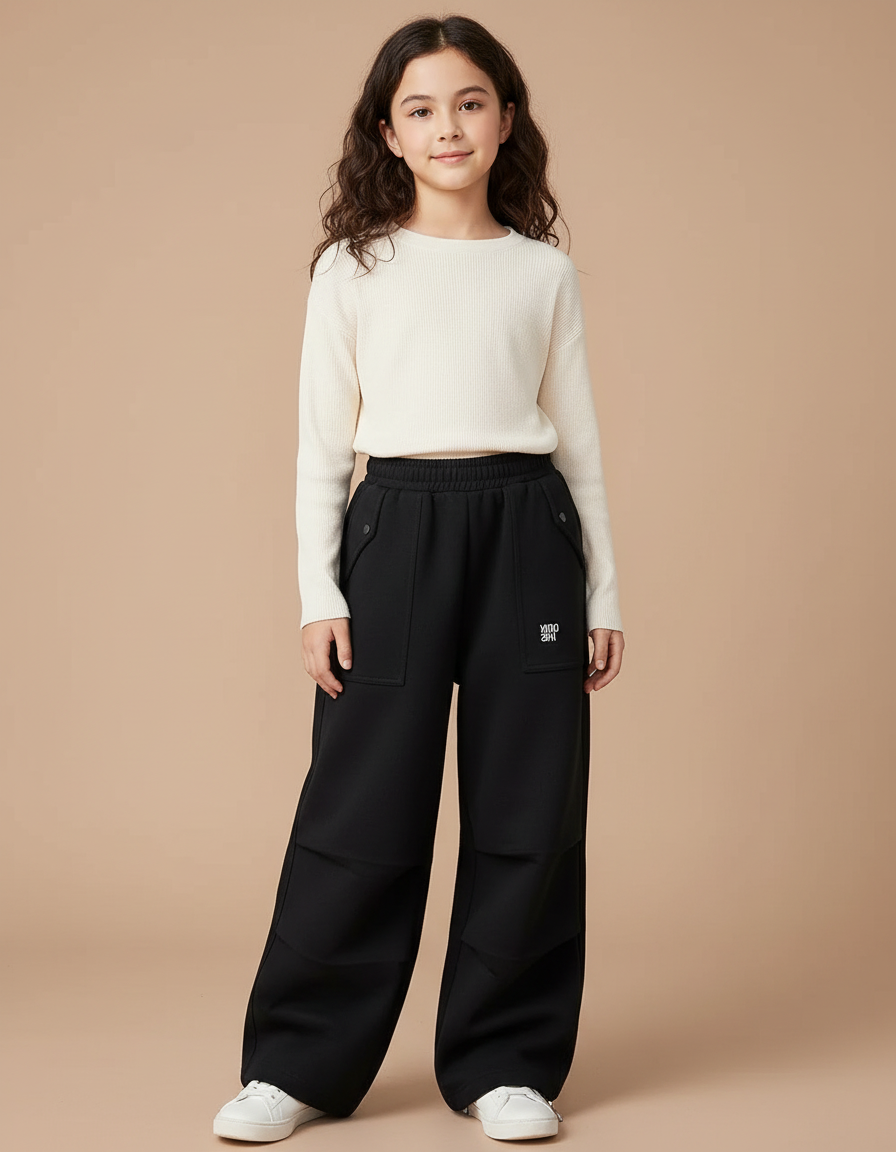 Pantalon Noir Ample Cargo Décontracté Fille Hiver - Molleton