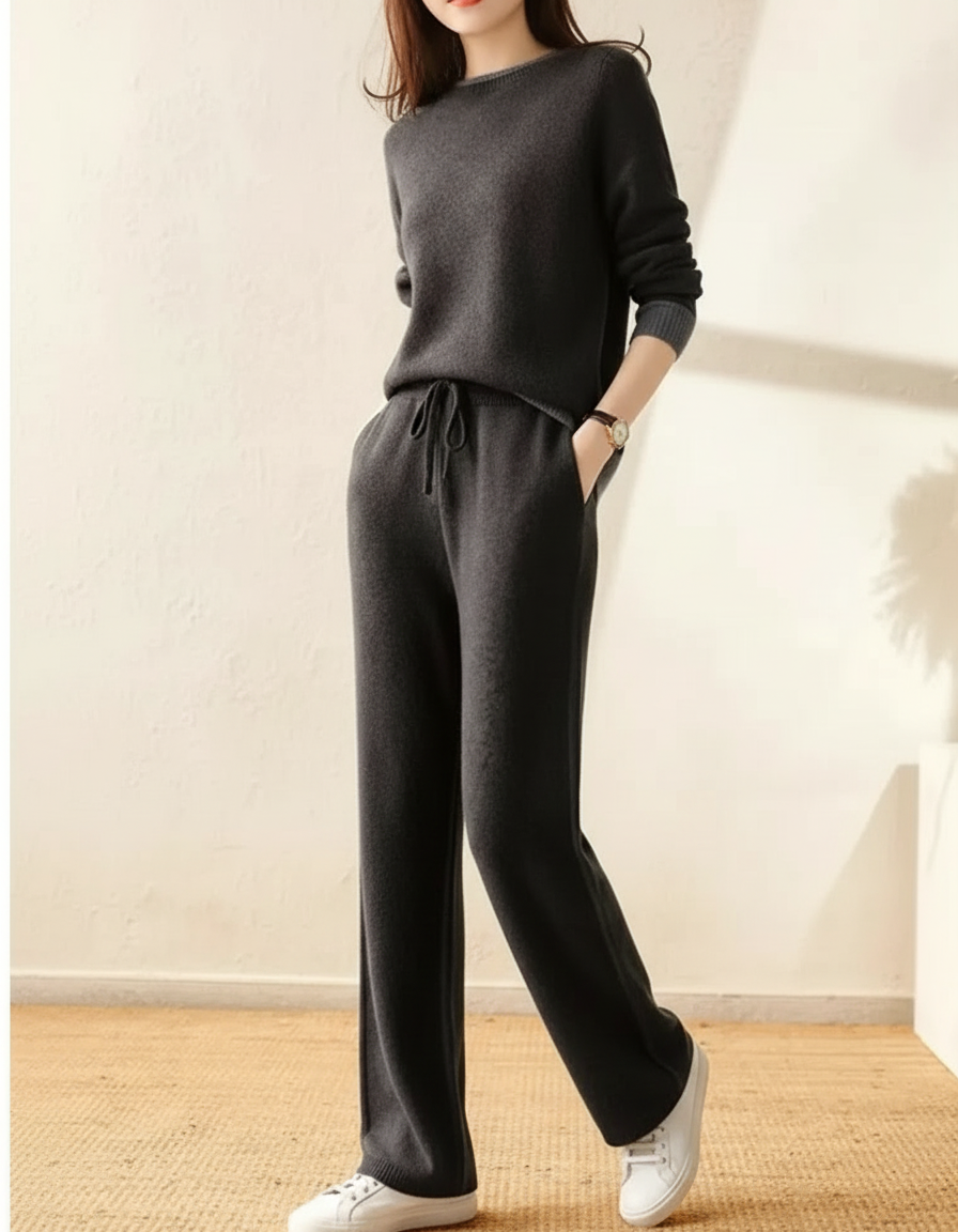 Pantalon Noir Tricot Ample Cordon Confortable Femme - Gris Maille