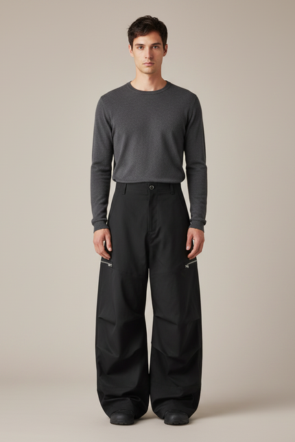 Pantalon Noir Ample Cargo Zips Homme Décontracté - Gabardine