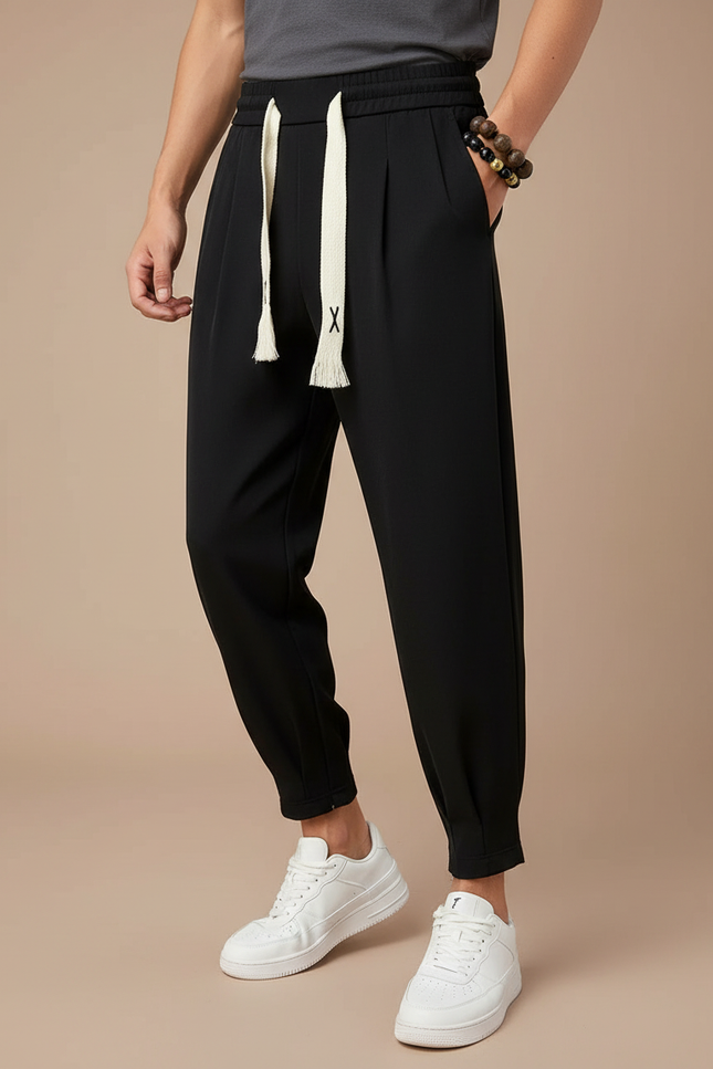 Pantalon Noir Plissé Cordon Sarouel Homme Décontracté - Polyester