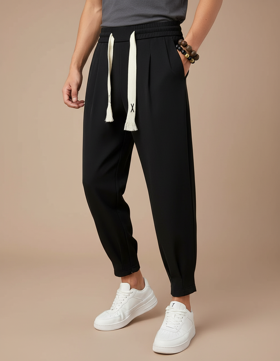 Pantalon Noir Plissé Cordon Sarouel Homme Décontracté - Polyester