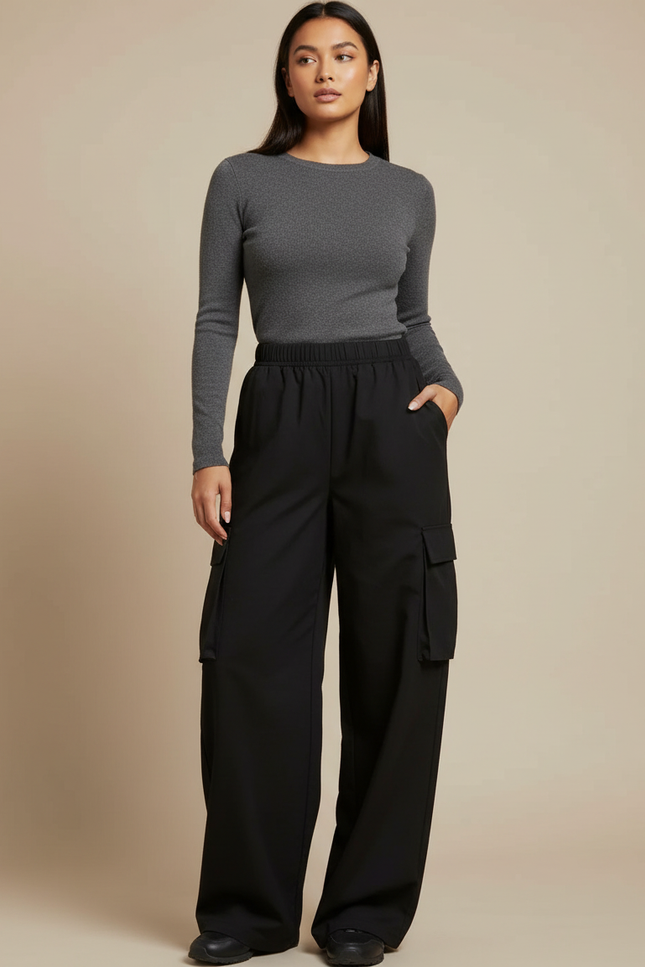 Pantalon Noir Cargo Ample Taille Haute Femme - Polyester