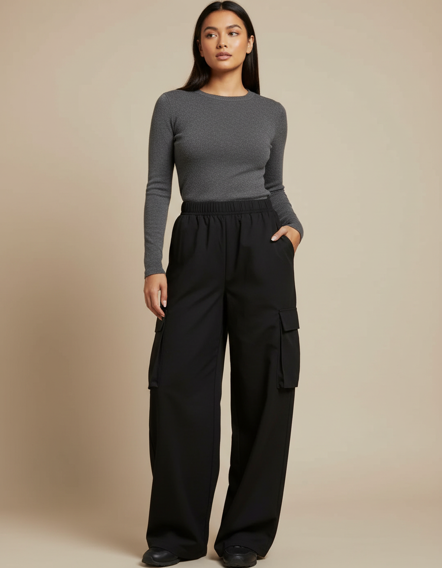 Pantalon Noir Cargo Ample Taille Haute Femme - Polyester