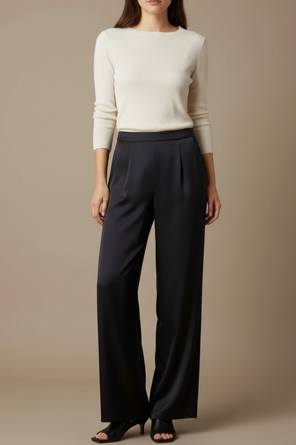 Pantalon Noir Satin Fluide Ample Élégant
