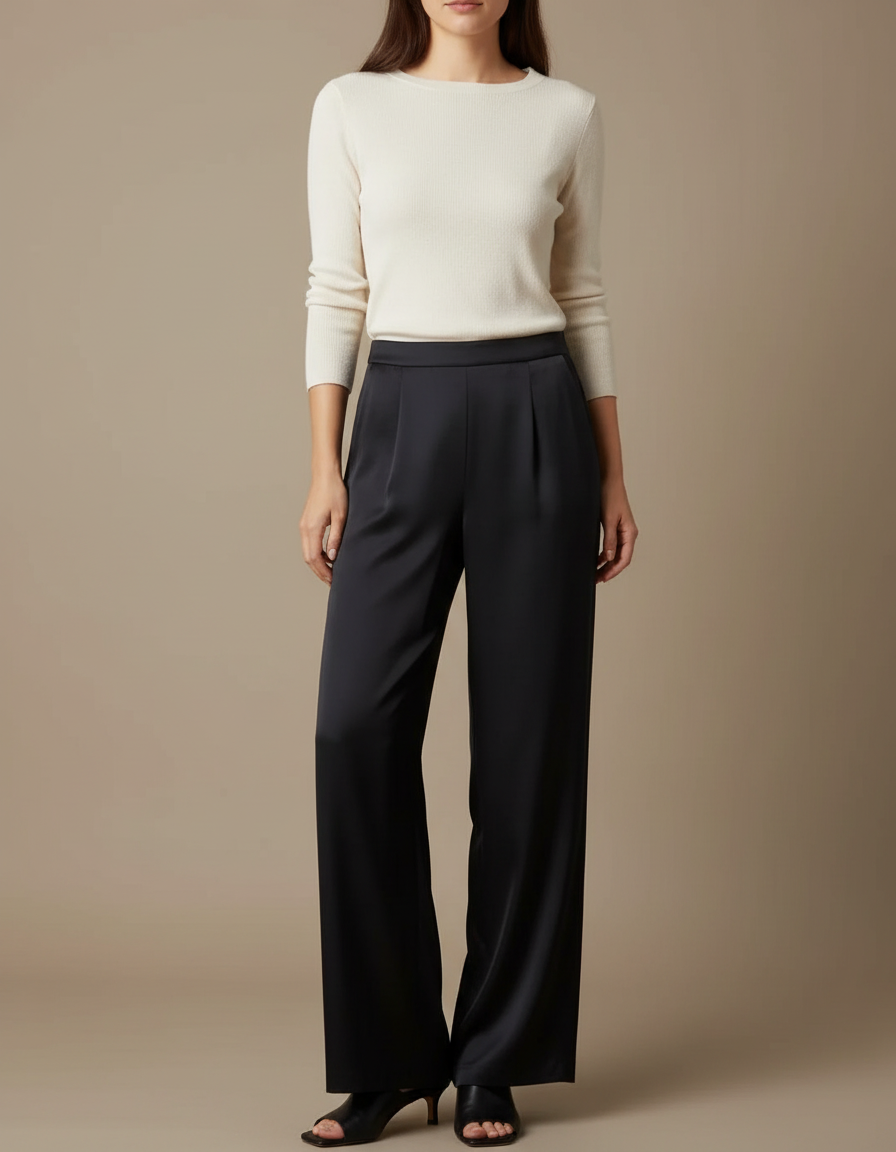Pantalon Noir Satin Fluide Ample Élégant