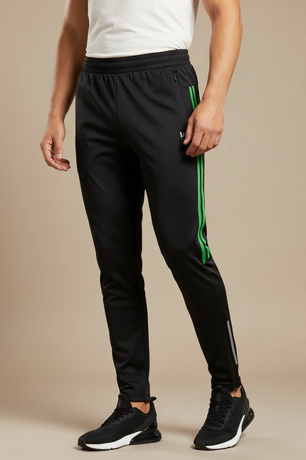 Pantalon Noir Sportif Homme Ajusté Rayures Vertes - Polyester