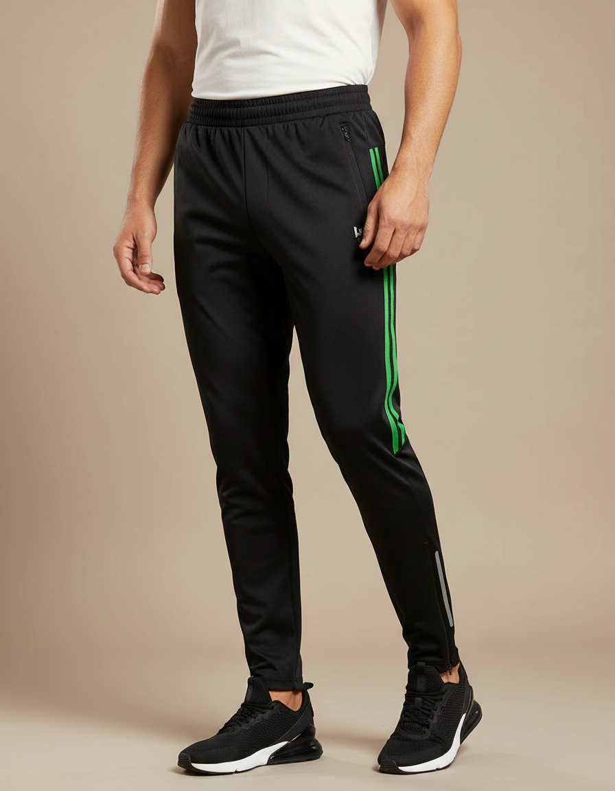 Pantalon Noir Sportif Homme Ajusté Rayures Vertes - Polyester