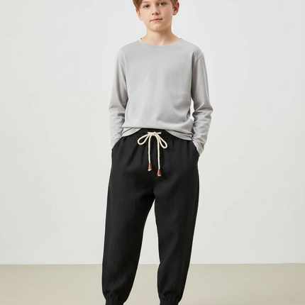 Pantalon Noir Coton Lin Ample Garçon