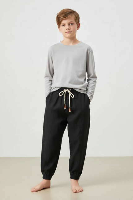Pantalon Noir Coton Lin Ample Garçon