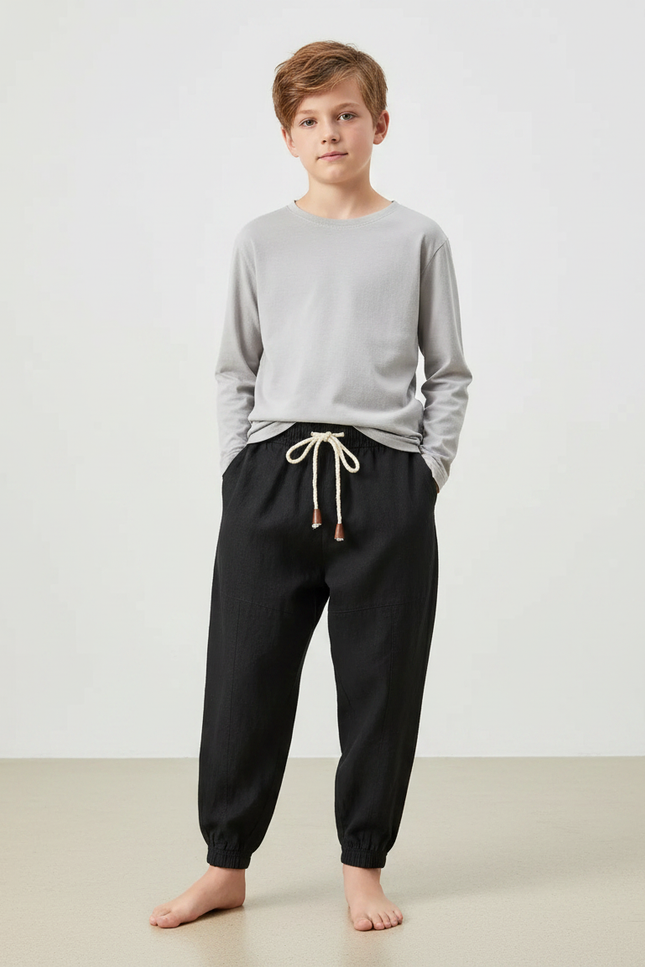 Pantalon Noir Coton Lin Ample Garçon