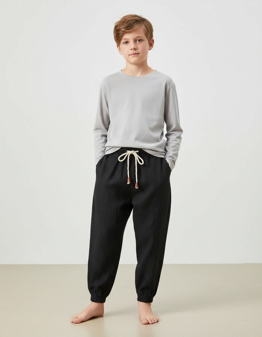 Pantalon Noir Coton Lin Ample Garçon