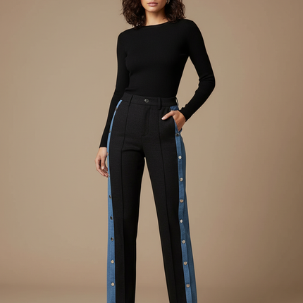 Pantalon Noir Boutons Latéraux Jean Décontracté Femme