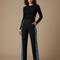 Pantalon Noir Boutons Latéraux Jean Décontracté Femme