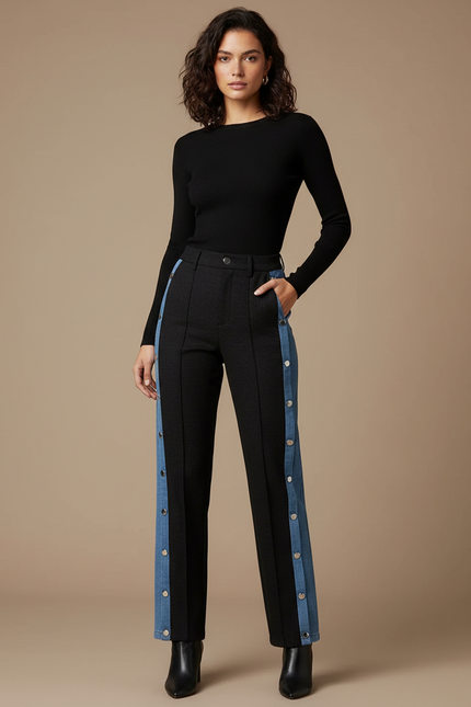 Pantalon Noir Boutons Latéraux Jean Décontracté Femme