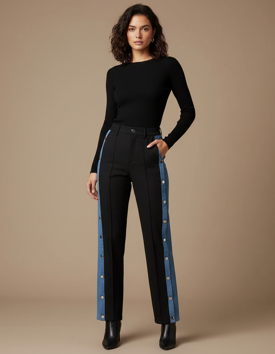 Pantalon Noir Boutons Latéraux Jean Décontracté Femme