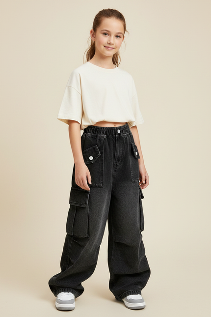 Pantalon Noir Cargo Denim Ample Fille - Jean