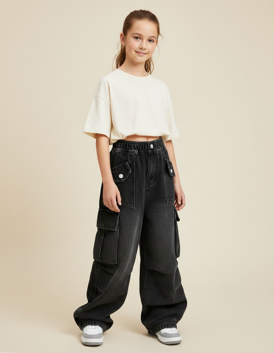 Pantalon Noir Cargo Denim Ample Fille - Jean