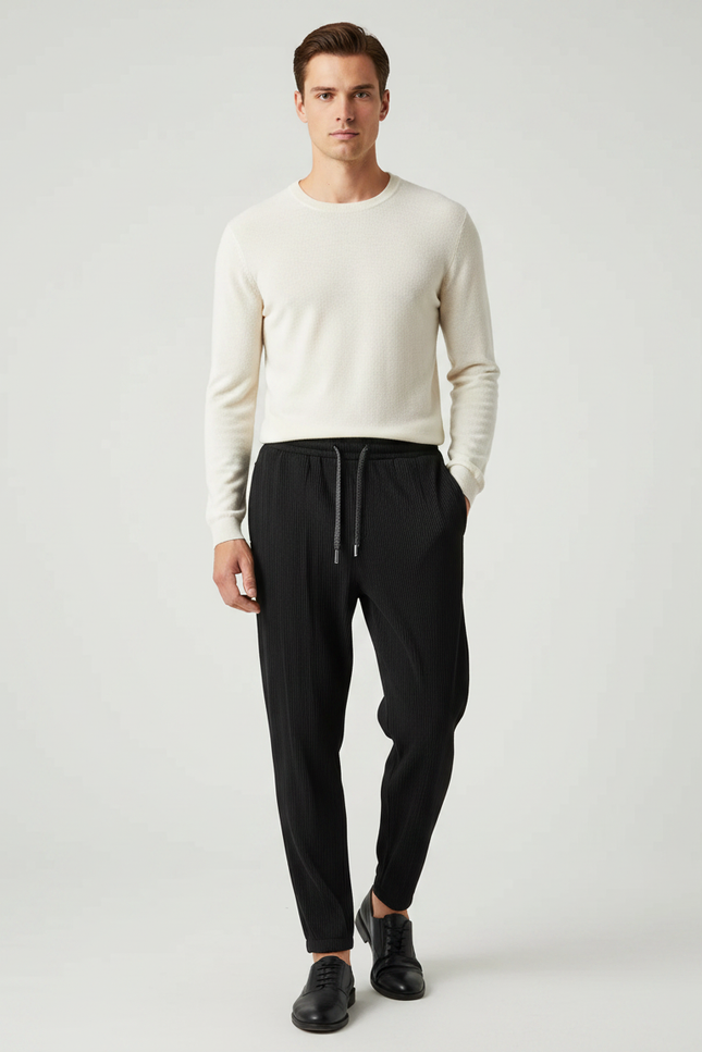 Pantalon Noir Plissé, Ample, Cordon, Décontracté - Maille