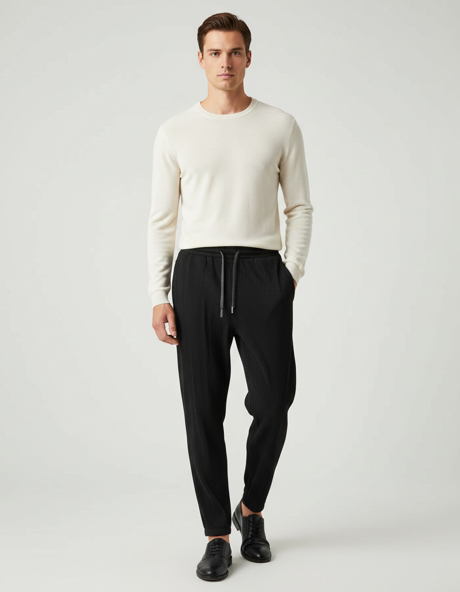 Pantalon Noir Plissé, Ample, Cordon, Décontracté - Maille