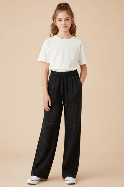 Pantalon Noir Large Pailleté Décontracté Fille - Molleton