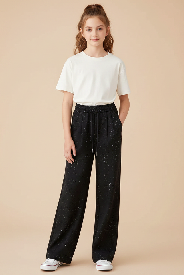 Pantalon Noir Large Pailleté Décontracté Fille - Molleton