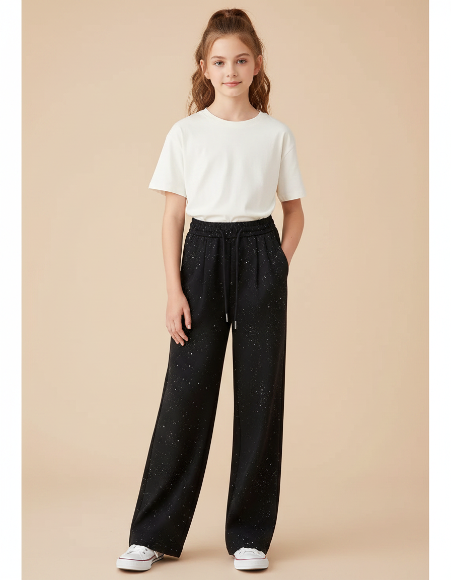 Pantalon Noir Large Pailleté Décontracté Fille - Molleton