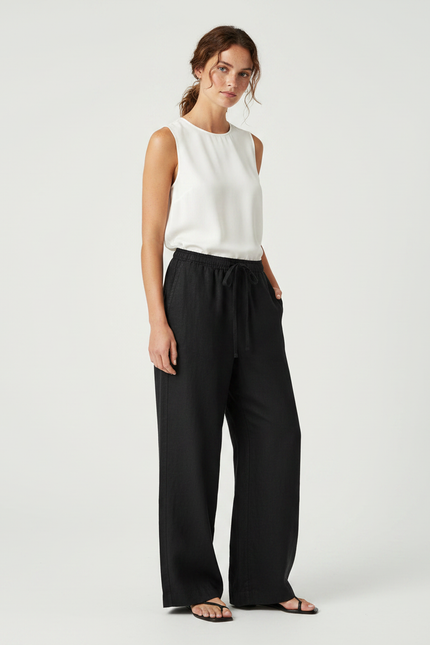 Pantalon Noir Fluide Ample Taille Haute Femme - Lin