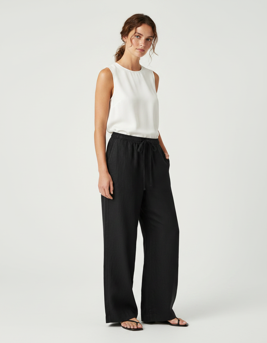Pantalon Noir Fluide Ample Taille Haute Femme - Lin
