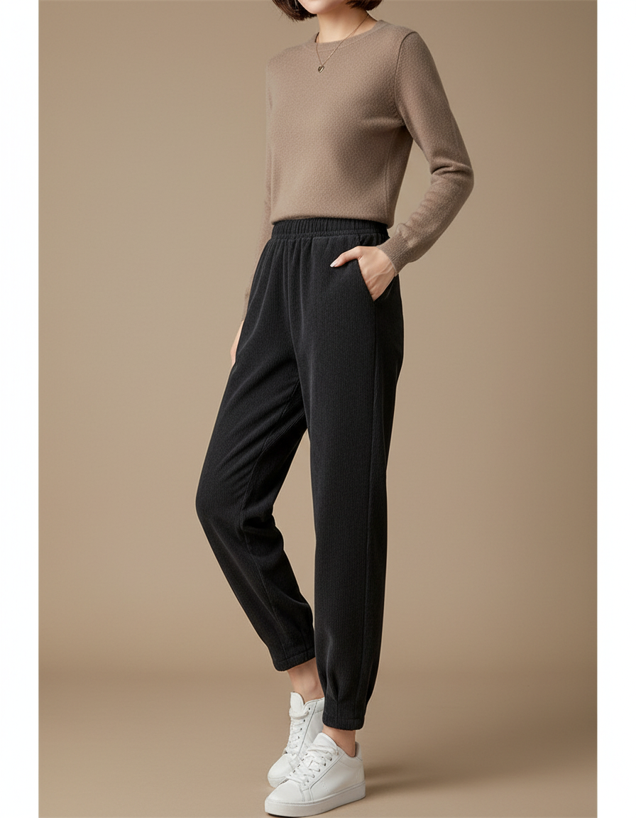 Pantalon Jogging Velours Noir Femme - Cordé