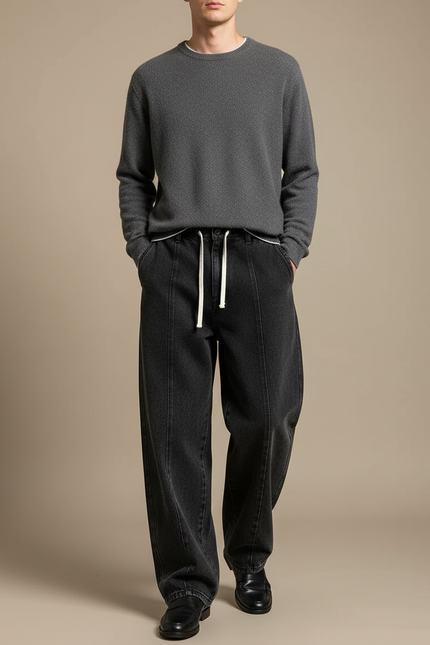 Pantalon Noir Ample Délavé Cordon Décontracté Homme - Jean