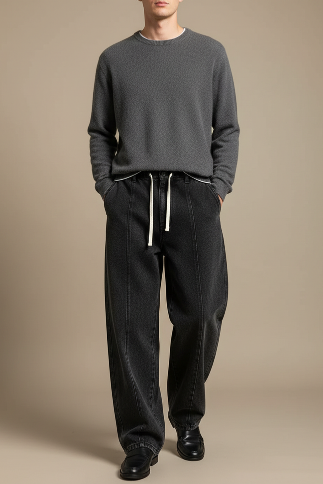 Pantalon Noir Ample Délavé Cordon Décontracté Homme - Jean